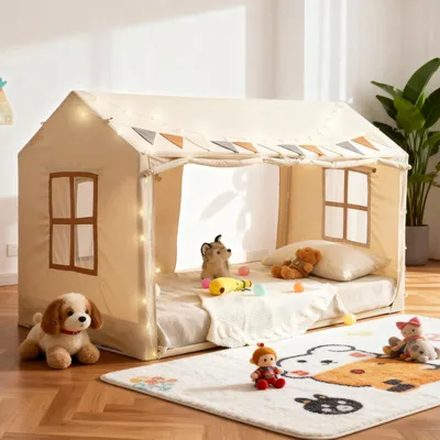 Produktbild von YEERSWAG Kinder Zelt Twin Bettzelt Prinzessin Spielzelt mit Sternenlichtern Privater Rückzugsort Burg Leseecke Spielzelt, Beige 192×99×127cm