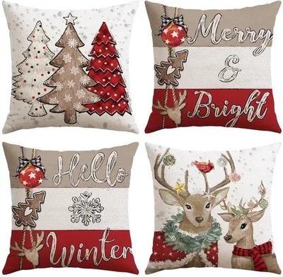 Produktbild von Unyqoos® 4er-Set weihnachtliche Kissenhüllen aus Polyester‑Leinen – dekorative, atmungsaktive Kissenbezüge mit verdecktem Reißverschluss