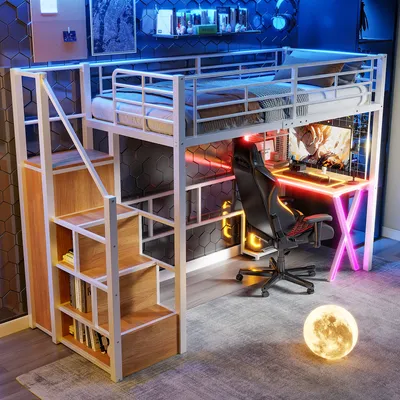 Produktbild von STILVORA Hochbett 90×200 Jugendbett mit Stauraumleiter Kleiderschrank, Regal und Schreibtisch,Metallbett mit Matratze,Mit LED-Leuchten,Weiß