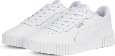 A pair of white Puma Carina 2.0 women's sneakers.
