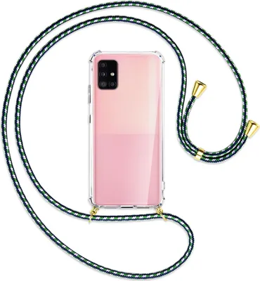 Produktbild von Handykette Backcover-Schutzhülle mit Band (Metall goldfarben) für Samsung Galaxy A51 5G (A516) - grün/blau/weiß