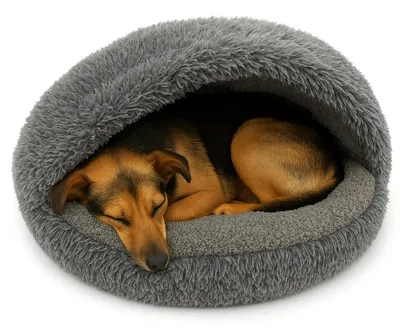 A dog sleeping in a round, gray, plush dog bed.