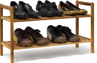 Produktbild von Relaxdays Schuhregal stapelbar, HxBxT:40,5x69x26cm, 2 Ablagen für 6 Paar, Holz, Schrank aus Nuss, natur braun