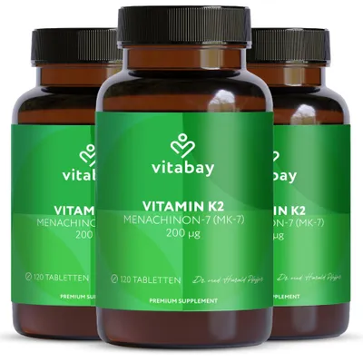 Produktbild von Vitabay Vitamin K2 MK-7 200 µg – 360 vegane Tabletten – Für Knochen & Blutgerinnung – Hochdosiert Vegan MK7 All-Trans Mikroverkapselt – Labor in Deutschland – Vorrat für 12 Monate – 3er Bundle