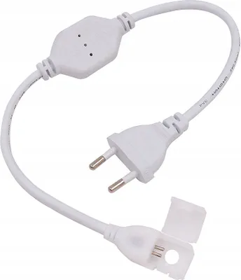 A white power adapter cable for LED strips with a European plug.