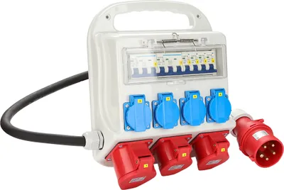 Obrázok produktu pre Clanmacy Rozvádzač napájania Stavebný rozvádzač napájania 2 x CEE 16A 400V+1 x CEE 32A 400V+4 x 230V 5-pólové zásuvky s ochranným kontaktom RCD IP44 Nástenný rozvádzač S káblom Na stavenisko