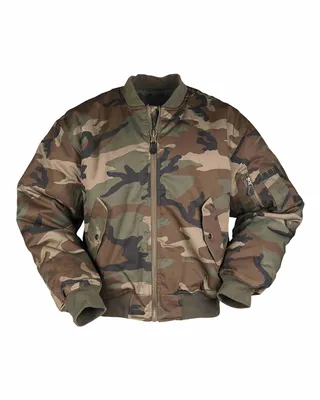 A camouflage bomber jacket is shown against a white background.