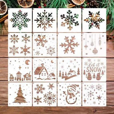 Produktbild von 16er-Pack Weihnachts-Schablonen, Wiederverwendbar, 15*15 cm, Für Schneespray-Fenster, DIY & Scrapbooking Dekoration