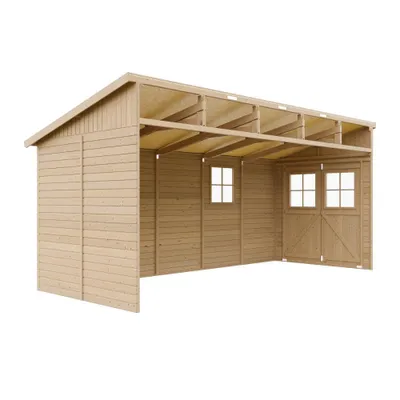 Obrázok produktu pre Drevený záhradný domček (bez bočnej steny) - Úložný priestor s oknami - V244x211x514 cm/10 m2 Prístrešok z prírodného dreva - Záhradná dielňa - TIMBELA M341
