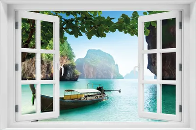 Produktbild von Wallario selbstklebendes Poster mit Fenster-Illusion - Fischerboot in Thailand  blaues Meer und Steinfelsen, Größe: 61 x 91,50 cm