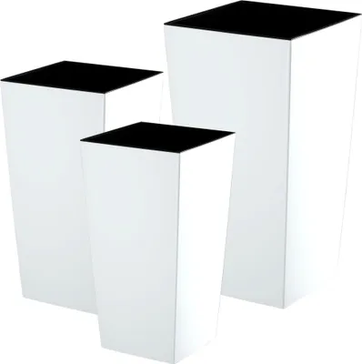Three white planters of varying heights with black tops are arranged on a white background.
