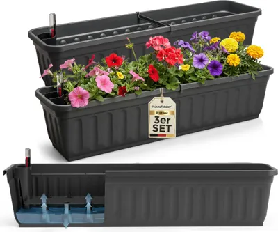 Produktbild von Balkonkasten mit Wasserstandsanzeiger, Pflanzkasten 3er Set, Anthraziit, 80cm