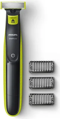 A Philips OneBlade electric shaver and three trimming attachments are displayed against a white background.