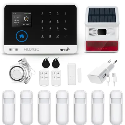 Immagine prodotto di HUXGO HXA003 Sistema di allarme wireless WLAN + GSM 4G LTE con 7 sensori di movimento + sirena wireless, allarme per ufficio, casa, appartamento, controllo tramite telefono cellulare, TUYA