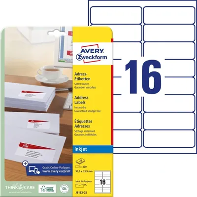 Produktbild von Adress-Etiketten 99,1x33,9 mm 25 Blatt/400 Etiketten weiß Packung mit 30 Stück