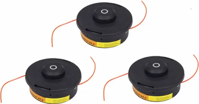 Three black string trimmer heads with orange trimmer line are arranged in a triangular formation on a white background.