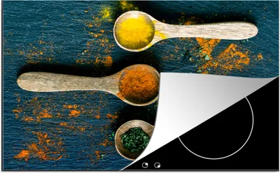Produktbild von KitchenYeah© Herdabdeckplatte Gewürze - Löffel - Kräuter - Braun - Gelb - Grün , 81x52cm, Küche Deko, Glaskeramikkochfeld Herdabdeckung, Abdeckplatte fùr Kochfeld