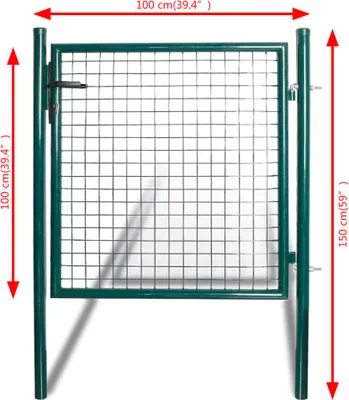 A green metal garden gate with dimensions indicated by red arrows and text.