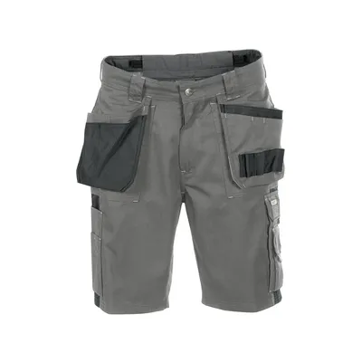 A pair of gray work shorts with multiple black pockets and tool loops, presented against a white background.