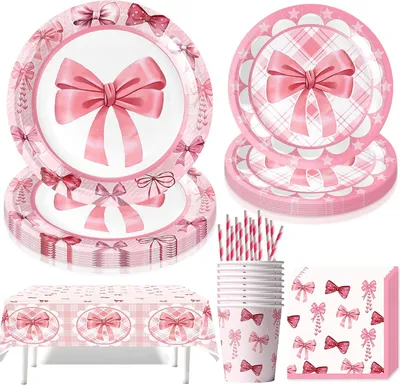 Produktbild von 61-teiliges Partygeschirr-Set mit rosa Schleifen, Papptellern, Bechern, Servietten, Strohhalmen und Tischdecke für Geburtstagsdekoration