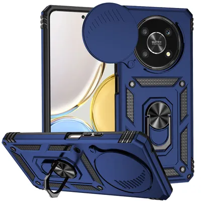 Immagine prodotto di Custodia per Honor X9 a doppio strato con copertura scorrevole della fotocamera e supporto ad anello blu