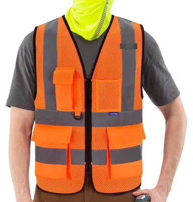 Produktbild von Warnweste mit Reflektorstreifen Reißverschluss Taschen Orange Mesh 3XL