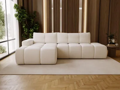 Produktbild von GrainGold Ecksofa L-Form Montero Links - Ecksofa mit Schlaffunktion, Bettkasten - Moderne Ecksofa, Wohnzimmer Sofa - Eckcouch mit Bouclé-Stoff -  Weiß