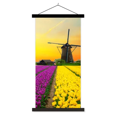 Produktbild von MuchoWow® Textilposter Windmühle - Tulpen - Blumen - Frühling 40x80 cm mit schwarzem Rahmen - Wandemalerei