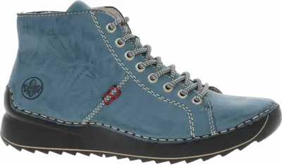 A single blue Rieker women's boot is shown against a white background.