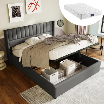 Image de OKWISH Lit coffre 140x200 cm - Sommier à lattes - Matelas inclus - Gris