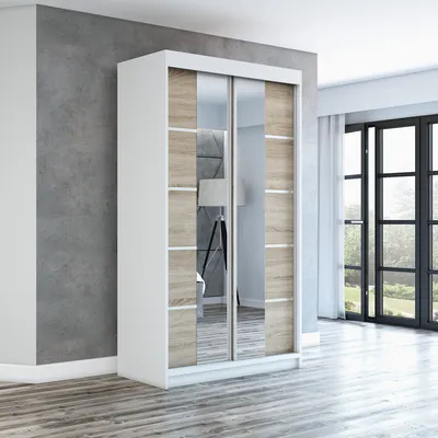 Produktbild von Schwebetürenschrank, 2-türig Schrank ERA 120 cm (mit Spiegel) (Weiß / sonoma / sonoma)
