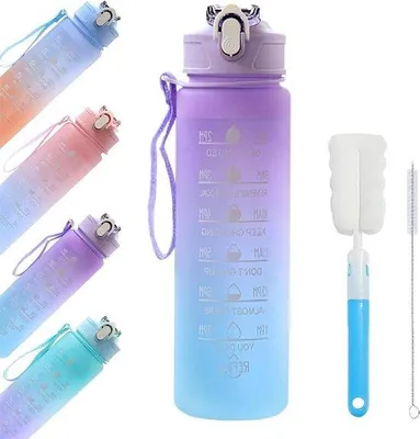 Immagine prodotto di Borraccia Borraccia sportiva con cannuccia e indicazione dell'ora - Tritan BPA-free a prova di perdite - Per palestra, mense, uomini, donne, ragazze e ragazzi - Borraccia da 750 ml in colore viola sfumato