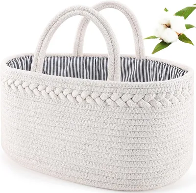 Obrázok produktu pre Organizér na plienky – úložný kôš pre bábätko – dekorácia do detskej izby – ručne vyrobený z bavlny – 36 x 21 cm – biely