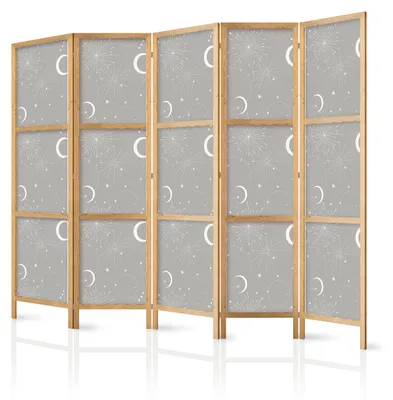 Immagine prodotto di Pannello divisorio giapponese, 5 ante, pieghevole, realizzato in tessuto non tessuto di alta qualità, motivo "Mondi e stelle", ideale per la camera da letto, dimensioni 225 cm x 172 cm