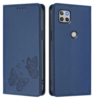Produktbild von Lederhülle für Motorola Moto G 5G 2020, Schmetterling Prägung Leder Brieftasche Schutzhülle mit Ständer Dunkelblau