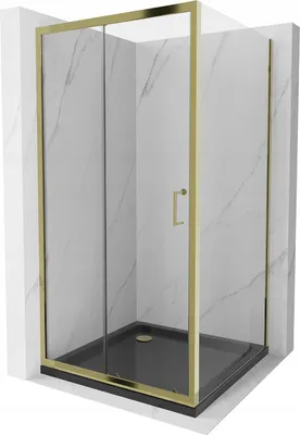 Image de Mexen Apia Paroi de douche pliante 100 x 100 cm, Transparent, Or + Receveur de douche plat, Noir - 840-100-100-50-00-4070G