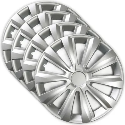 A set of four silver wheel covers arranged in a fanned-out pattern against a white background.