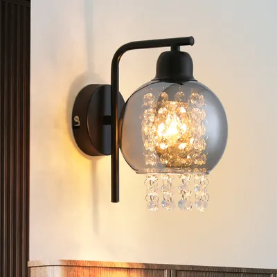 Produktbild von ZMH Wandleuchte Innen Wandlampe Schlafzimmer Flurlampe Wohnzimmer E27 Wandbeleuchtung Modern 1 Flammig Bettlampe Glaskugel Rauchgrau Glas Design Kristall für Bett Flur Treppenhaus(Ohne Leuchtmittel)