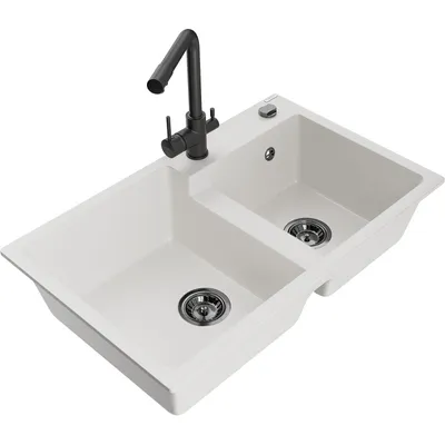 Obrázek produktu pro Mexen Tomas 2-miskový granitový dřez s kuchyňskou baterií Duero, Bílá - 6516-20-671600-70