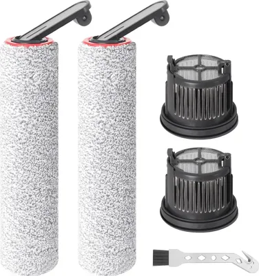 A set of replacement parts for a wet dry vacuum cleaner, including two roller brushes and two filters, along with a small cleaning brush.