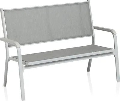 A product shot of a two-seater outdoor bench.