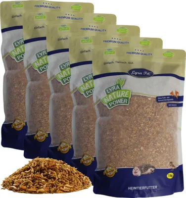 A group of five bags of pet food, with a pile of the food in front of them.