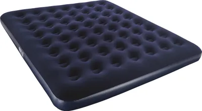 A dark blue inflatable mattress is shown from a slightly elevated angle against a white background.