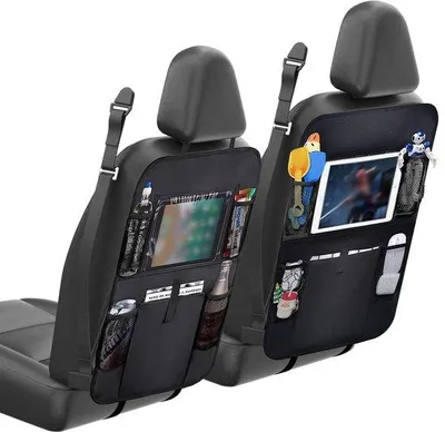 Produktbild von Unyqoos® 2er-Set schwarzer Rückenlehnenschutz für Auto – 600D Oxford Autositz-Organizer mit 6 Fächern, wasserdicht, Tablet-Fach & verstellbaren Gurten