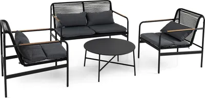 Image de Ensemble de meubles de jardin en polyrotin COSTWAY, meubles de salon d'extérieur, meubles de balcon, ensemble comprenant 2 chaises, un banc, une table et des coussins, meubles de terrasse, ensemble de jardin