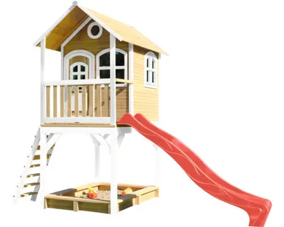 Produktbild von AXI Spielhaus Sarah mit Sandkasten & roter Rutsche | Stelzenhaus in Braun & Weiß aus  Holz für Kinder | Spielturm mit Wellenrutsche für den Garten