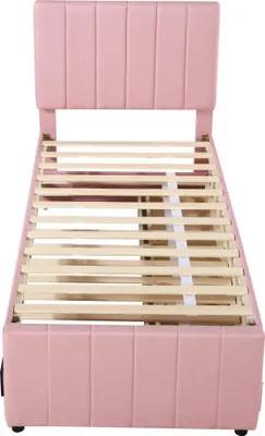 Produktbild von Merax Polsterbett 90x200cm mit Ausziehbett und 3 Schubladen, Leinen Doppelbett Kinderbett Jugendbett mit Lattenrost und höhenverstellbarem Kopfteil