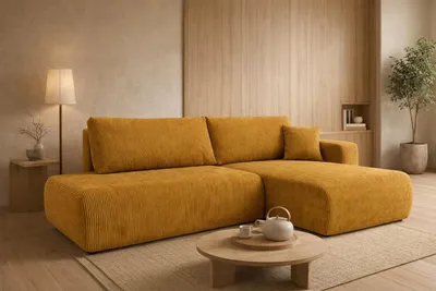 Produktbild von Kaiser Möbel Ecksofa mit Schlaffunktion und Bettkasten, Cordstoff Poso, Senffarbe, Rechts, OPEN XL