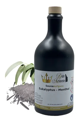 Produktbild von Dufte Momente | Saunaduft Konzentrat Eukalyptus-Menthol 500ml in schwarzer Steingutflasche | naturreine ätherische Öle | vegan, ohne Tierversuche