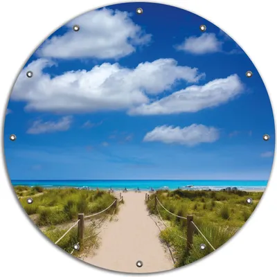 Produktbild von Wallario rundes Outdoor-Poster für Garten oder Balkon, Motiv Sandweg zum blauen Meer mit blauem Himmel, 90 cm Durchmesser